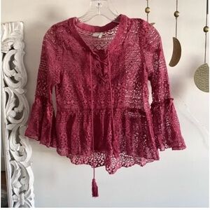 🪞 NEW front tie flared bell sleeve crochet women’s boho chic top